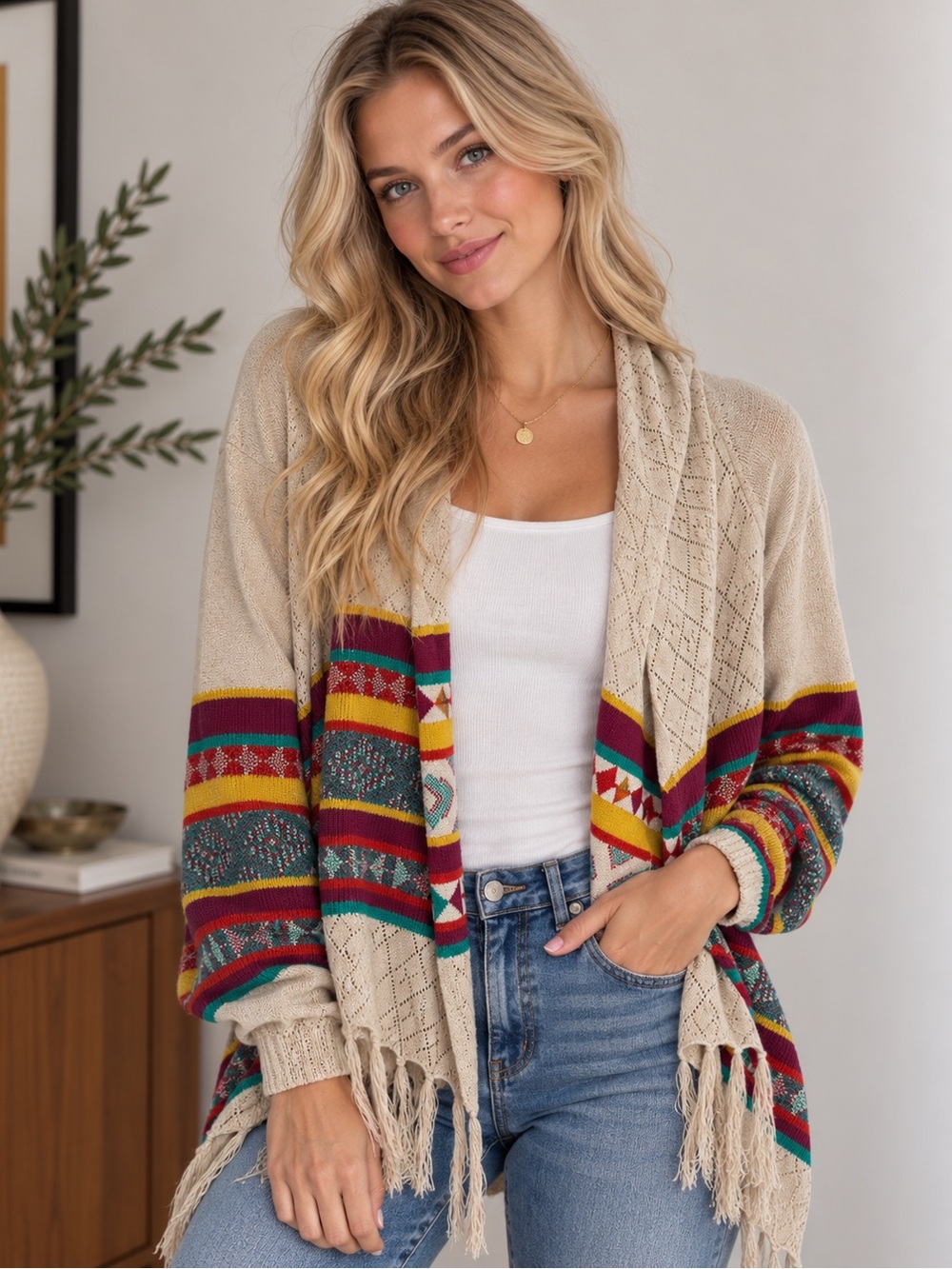 Beige Aztec Fringe Open-Front Cardigan